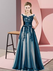 Floor Length Navy Blue Dama Dress for Quinceanera Scoop Sleeveless Zipper