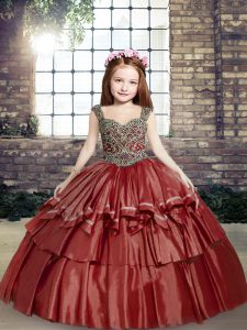Cheap Red Ball Gowns Straps Sleeveless Taffeta Floor Length Lace Up Beading Little Girls Pageant Dress