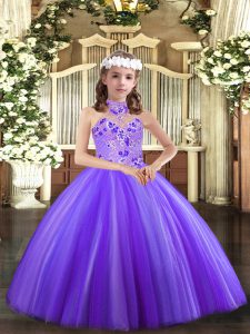 Fancy Lavender Ball Gowns Tulle Halter Top Sleeveless Appliques Floor Length Lace Up Little Girls Pageant Dress Wholesale