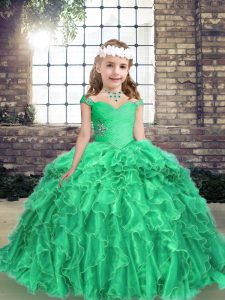 Modern Floor Length Turquoise Little Girls Pageant Gowns Organza Long Sleeves Beading and Ruffles