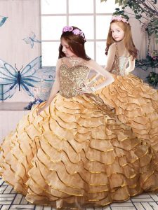 Lace Up Little Girls Pageant Dress Wholesale Gold for Party and Sweet 16 and Wedding Party with Beading and Ruffled Layers Court Train