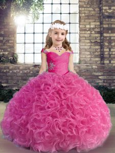 Beading and Ruching Winning Pageant Gowns Fuchsia Lace Up Sleeveless Floor Length