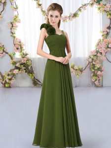 Sleeveless Chiffon Floor Length Lace Up Vestidos de Damas in Olive Green with Hand Made Flower