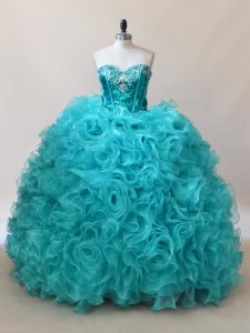 Aqua Blue Sweet 16 Quinceanera Dress Sweet 16 and Quinceanera with Ruffles and Sequins Sweetheart Sleeveless