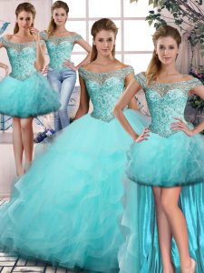 Aqua Blue Tulle Lace Up 15 Quinceanera Dress Sleeveless Floor Length Beading and Ruffles