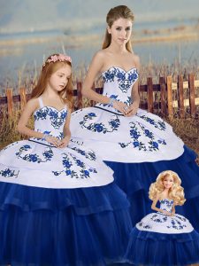 Royal Blue Sleeveless Floor Length Embroidery and Bowknot Lace Up Quinceanera Dress