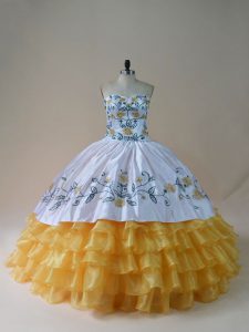 Noble Yellow And White Ball Gowns Embroidery and Ruffled Layers Sweet 16 Dress Lace Up Organza Sleeveless Floor Length