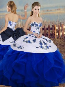 Floor Length Royal Blue 15th Birthday Dress Tulle Sleeveless Embroidery and Ruffles and Bowknot
