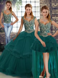 Stunning Peacock Green Straps Neckline Beading and Ruffles Sweet 16 Quinceanera Dress Sleeveless Lace Up