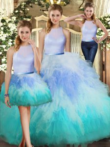 Glorious Three Pieces Quinceanera Gown Multi-color High-neck Tulle Sleeveless Floor Length Backless
