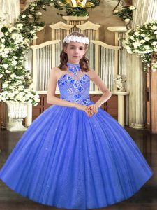 Customized Floor Length Blue Kids Formal Wear Halter Top Sleeveless Lace Up