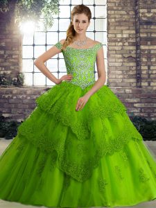 Green Ball Gowns Off The Shoulder Sleeveless Tulle Brush Train Lace Up Beading and Lace Quince Ball Gowns