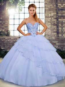 Delicate Lace Up Quinceanera Dresses Lavender for Military Ball and Sweet 16 and Quinceanera with Beading and Ruffled Layers Brush Train