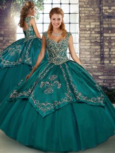 Sleeveless Tulle Floor Length Lace Up Vestidos de Quinceanera in Teal with Beading and Embroidery