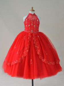 Red Lace Up High-neck Beading and Appliques Pageant Dress Womens Tulle Sleeveless