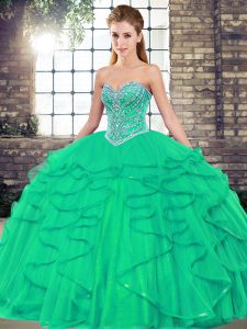 Turquoise Lace Up Sweetheart Beading and Ruffles Sweet 16 Quinceanera Dress Tulle Sleeveless