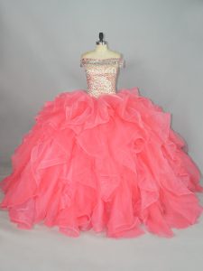 Discount Off The Shoulder Sleeveless Ball Gown Prom Dress Floor Length Beading and Ruffles Watermelon Red Organza