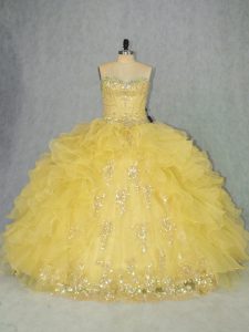 Floor Length Yellow Quinceanera Dresses Sweetheart Sleeveless Lace Up