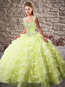 Excellent Yellow Green Quinceanera Gown Sweet 16 and Quinceanera with Beading and Ruffled Layers Straps Sleeveless Court Train Lace Up