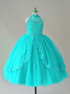 Sleeveless Tulle Floor Length Lace Up Kids Pageant Dress in Aqua Blue with Beading and Appliques