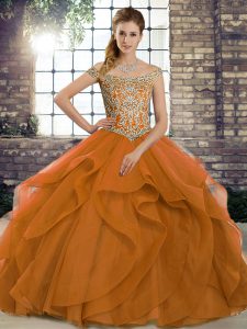 Captivating Tulle Off The Shoulder Sleeveless Brush Train Lace Up Beading and Ruffles Sweet 16 Dresses in Orange