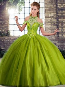 Sleeveless Beading Lace Up Sweet 16 Dress with Olive Green Brush Train