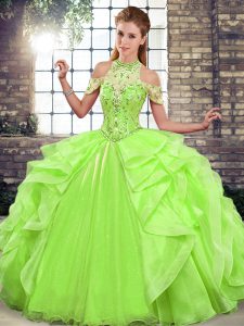 Organza Halter Top Sleeveless Lace Up Beading and Ruffles Quinceanera Dresses in