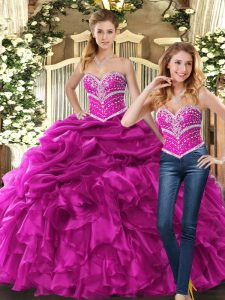 Elegant Organza Sweetheart Sleeveless Lace Up Beading and Ruffles and Pick Ups Military Ball Gowns in Fuchsia