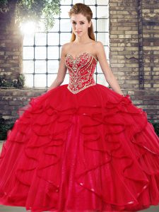 Custom Designed Red Sweetheart Lace Up Beading and Ruffles Quinceanera Gown Sleeveless