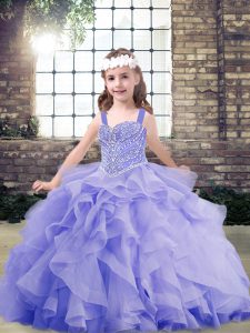 Lavender Lace Up Pageant Gowns For Girls Beading and Ruffles Sleeveless Floor Length