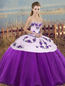 Hot Sale Ball Gowns Ball Gown Prom Dress White And Purple Sweetheart Tulle Sleeveless Floor Length Lace Up