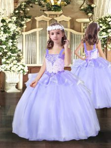 Fantastic Floor Length Lavender Girls Pageant Dresses Organza Sleeveless Beading