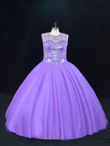Extravagant Lavender Tulle Lace Up 15th Birthday Dress Sleeveless Floor Length Beading