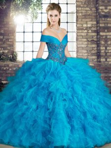 Custom Design Blue Tulle Lace Up Ball Gown Prom Dress Sleeveless Floor Length Beading and Ruffles