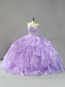 Simple Sweetheart Sleeveless Organza Quinceanera Gown Beading and Ruffles Brush Train Lace Up