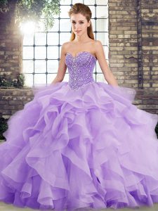 Shining Lavender Lace Up Party Dress Wholesale Beading and Ruffles Sleeveless Brush Train