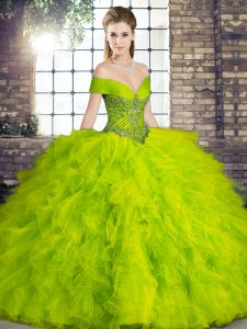 Beautiful Floor Length Lace Up Military Ball Dresses Olive Green for Military Ball and Sweet 16 and Quinceanera with Beading and Ruffles