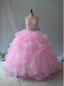 Custom Made Pink Sleeveless Floor Length Beading and Ruffles Backless Sweet 16 Dresses