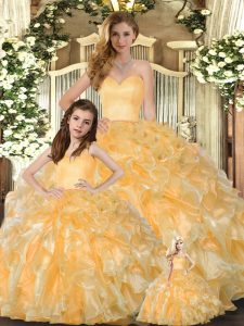 Ball Gowns Quinceanera Gown Gold Sweetheart Organza Sleeveless Floor Length Lace Up