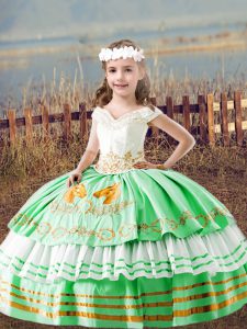 Green Lace Up Kids Pageant Dress Embroidery Sleeveless Floor Length