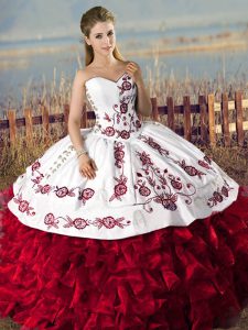 Red Organza Lace Up Vestidos de Quinceanera Sleeveless Floor Length Embroidery and Ruffles