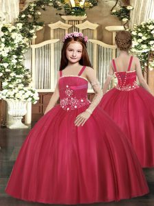 Red Sleeveless Beading Floor Length Little Girls Pageant Gowns