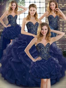Deluxe Tulle Sweetheart Sleeveless Lace Up Beading and Ruffles Vestidos de Quinceanera in Navy Blue