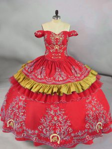 Beauteous Satin Off The Shoulder Sleeveless Lace Up Embroidery Quinceanera Gowns in Red