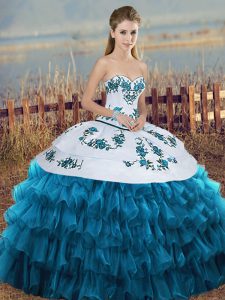 Shining Blue And White Sweet 16 Quinceanera Dress Military Ball and Sweet 16 and Quinceanera with Embroidery and Ruffled Layers and Bowknot Sweetheart Sleeveless Lace Up