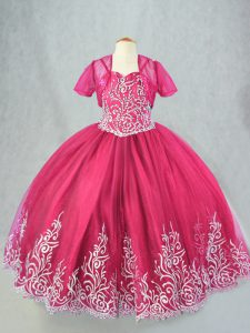 Hot Pink Tulle Lace Up Pageant Dress for Teens Sleeveless Floor Length Beading and Embroidery