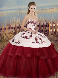 Super White And Red Tulle Lace Up Vestidos de Quinceanera Sleeveless Floor Length Embroidery and Bowknot