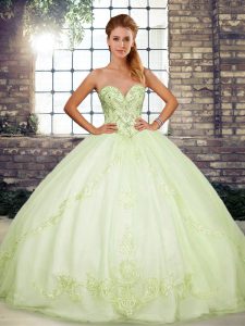 Free and Easy Sleeveless Floor Length Beading and Embroidery Lace Up Quinceanera Dresses with Yellow Green