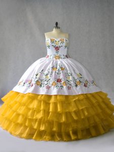 Floor Length Lace Up 15th Birthday Dress Gold for Sweet 16 and Quinceanera with Embroidery and Ruffled Layers