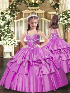 Sleeveless Floor Length Beading Lace Up Little Girls Pageant Gowns with Lilac